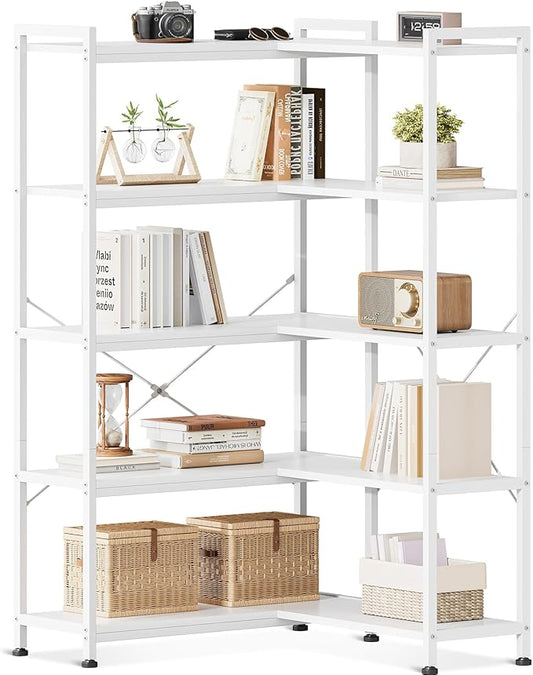 Casaottima Corner Bookshelf 5 Tier, 57 Inches Reversible Book Shelf for Living Room, Industrial Wooden Bookcase with Open Shelves and Metal Frame for Bedroom, Home Office, Kitchen, White