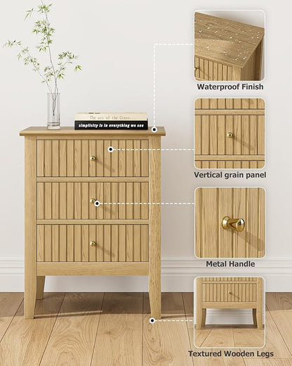 Fluted Nightstand, Farmhouse Night Stand with 3 Drawers, Mid Century Modern Side Accent Table,Bedside End Table for Bedroom, Living Room, Oak