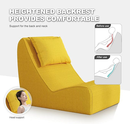 Giant Bean Bag Chair for Adults,Corduroy Chaise Lounge with Unrivaled Back Support, Detachable Neck Pillow, Comfortable Ottoman & Washable Cover for Living Room, Bedroom, Garden (Corn Yellow)