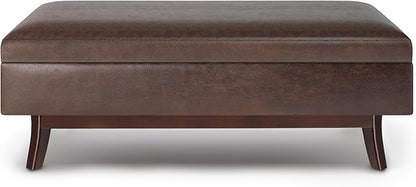 SIMPLIHOME Owen 48 inch Wide Mid Century Modern Rectangle Rectangular Storage Ottoman in Distressed Chestnut Brown Vegan Faux Leather, Assembled, For the Living Room, Entryway and Family Room