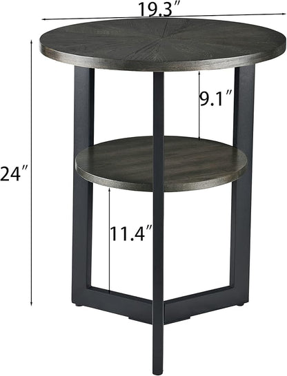 MODERION Small Round End Table with Storage Shelf, Circular Solid Wood Sofa Side Metal Leg, 2-Tier Telephone Table, Nightstand, 24''H x 19.3''D for Living Room Bedroom Entryway Brushed Black BZ1338BK