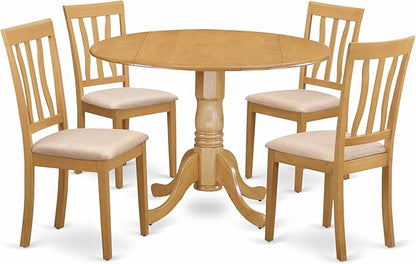 East West Furniture DLAN5-OAK-C 5 Piece Kitchen Table Set for 4 Includes a Round Dining Room Table with Dropleaf and 4 Linen Fabric Upholstered Dining Chairs, 42x42 Inch, Oak