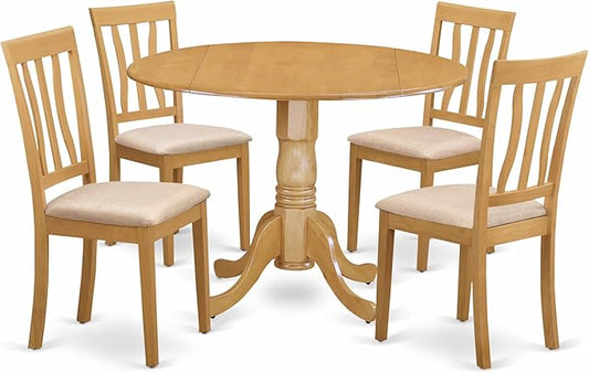 East West Furniture DLAN5-OAK-C 5 Piece Kitchen Table Set for 4 Includes a Round Dining Room Table with Dropleaf and 4 Linen Fabric Upholstered Dining Chairs, 42x42 Inch, Oak