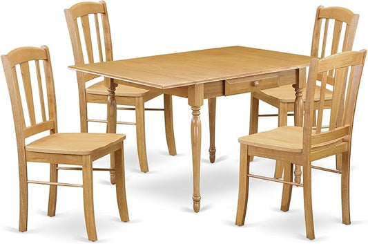 East West Furniture MZDL5-OAK-W 5 Piece Dining Room Table Set Includes a Rectangle Kitchen Table with Dropleaf and 4 Dining Chairs, 36x54 Inch, Oak
