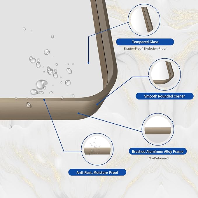 WEER 60x30 Inch Bronze Bathroom Mirror for Vanity, Brushed Bronze Metal Frame Rounded Rectangle Mirror with Tempered Glass, Anti-Rust (Horizontal/Vertical)