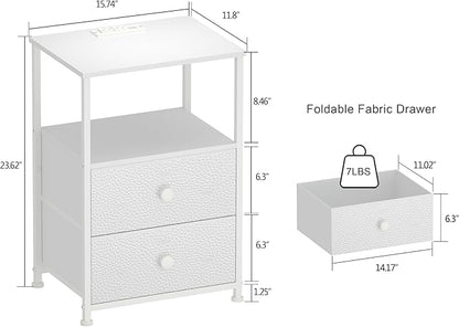 Tohomeor Nightstand with Charging Station LED Light End Table Bedroom Bed Side Dresser with Fabric Drawers Open Storage Shelf Living Room Sofa End Table with USB Ports and Outlet (White, 2 Packs)
