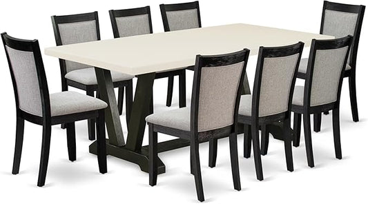 East West Furniture V627MZ650-9 9 Piece Kitchen Table Set Includes a Rectangle Dining Room Table with V-Legs and 8 Dark Gotham Grey Linen Fabric Parsons Chairs, 40x72 Inch, Multi-Color