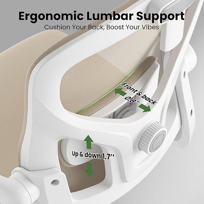 Ergonomic Office Chair, Comfy Home Office Chair High Back Computer Chair with Headrest, Adjustable Back Support, Flip-Up Arms, 90-120° Tilt and Wide Cushion, Up to 300lbs, Khaki+White