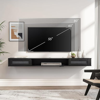 WAMPAT Floating TV Stand Shelf with Power Outlet, Mid Century Modern Wall Mount Shelf for TVs up to 80",Media Console TV Cabinet with 2 Rattan Doors