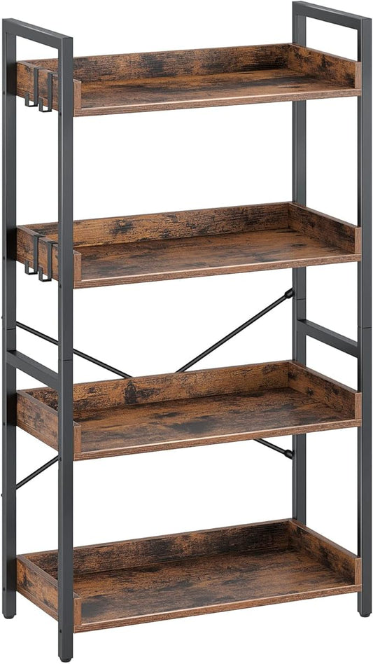 Rolanstar Bookshelf 4 Tier with 4 Hooks, Industrial Bookcase, Vintage Storage Rack with Open Shelves, Rustic Standing Bookshelves Metal Frame Display Rack for Living Room, Bedroom, Rustic Brown