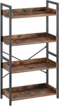 Rolanstar Bookshelf 4 Tier with 4 Hooks, Industrial Bookcase, Vintage Storage Rack with Open Shelves, Rustic Standing Bookshelves Metal Frame Display Rack for Living Room, Bedroom, Rustic Brown