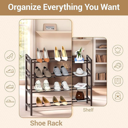 Haddockway Bamboo Shoe Rack for Closet, Free Standing Shoe Organizer with Smooth Round Rods & Convenient Handles, Stackable Shoe Storage Shelf for Entryway, Hallway(Brown, 4-Tier)