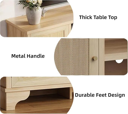 GarveeHome Rattan TV Stand for Living Room, Boho Entertainment Center for 55, 65, 70 Inch TV, Wooden Console Cabinet with Storage and Shelf, Natural Oak