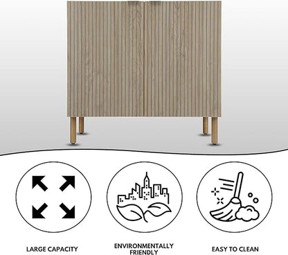 Sango Merk 2-Door Cabinet, Modern Brown Storage Cabinet with Vertical Groove Doors, Adjustable Shelf, Cylindrical Wood Legs, Discreet Metal Finger Pulls, Stylish Furniture for Living or Dining Room