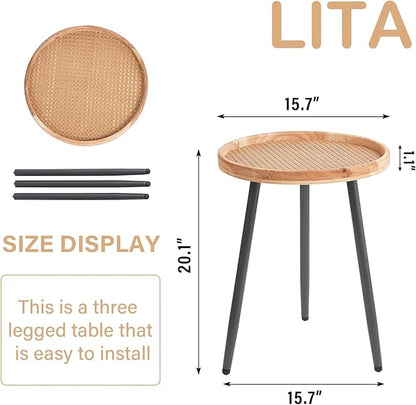 LITA 2 Pcs Rattan Log Desktop Round Side End Table, Nightstand/Small Tables, Indoor Outdoor Wooden Tray Table with Metal Stand End Table for Living Room Bedroom Office Small Spaces