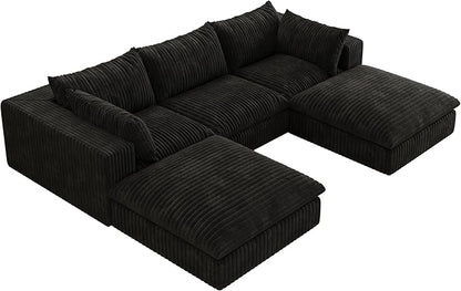 Down Filled Boneless Sectional Sofa Cloud Couch with Movable Ottomans, 118 inch Convertible U Shaped Lounge Couch w/Deep Seat, Fluffy Corduroy Upholstered Compress Modular Sofa