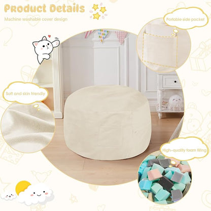 Kids Bean Bag Chair Bed - Convertible Lazy Chair to Floor Mattress with Filler - Small Beanbag Chair for Boys and Girls - Floor Couch Sofa in Bedroom, Classroom, Reading Nook - Beige