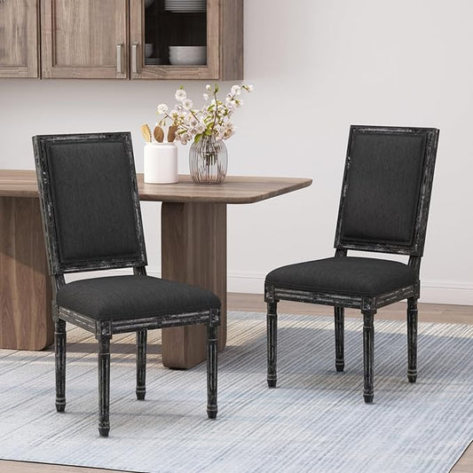 Merax Upholstered Solid Wood Dining Chairs Set of 2, French Country Style Accent Side Seating Furniture for Kitchen, Living Room, Cushioned Back, Black