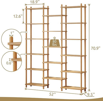 IOTXY Wooden Triple Wide Bookshelf - 6-Tier Large Shelf Bookcase with Solid Beech Frame, Tall Freestanding Open Etagere Display Rack for Home Office, Oak