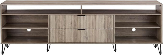 Manhattan Comfort Dumbo Mid Century Modern TV Stand for Televisions up to 80 Inches, Home Entertainment Center with Storage, 6 Shelves, 2 Drawers, No Tool Assembly, 85" Wide, Golden Brown
