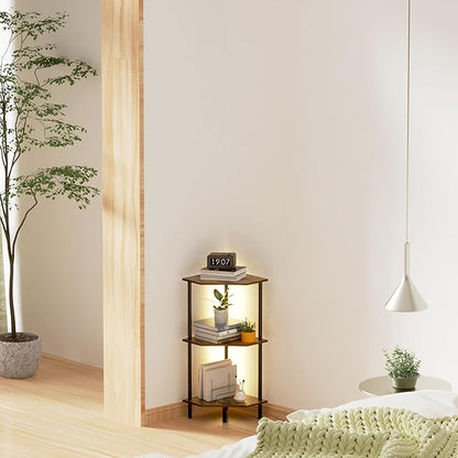 Corner Shelf Stand, Storage Standing Shelf Unit with Metal Frame, Narrow Bookshelf with LED Light Brown Plant Display Stand, Multi Unit Organizer Corner Cabinet for Bedroom, Living Room (3 Tier)