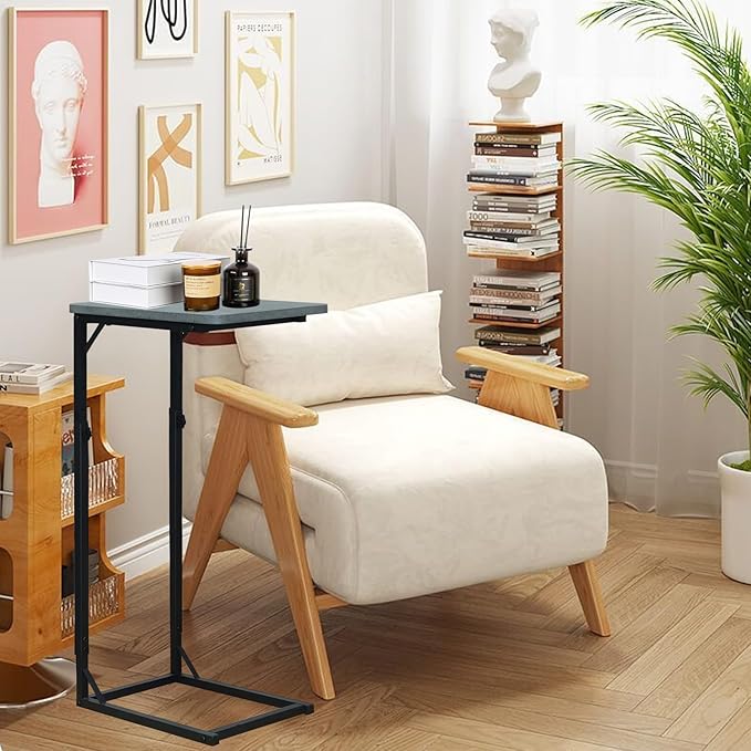 C-Shaped End Table for Couch, Adjustable Sofa Side Table with Sturdy Metal Frame, Small Space Rustic Gray TV Tray Table for Living Room, Bedroom, Bedside, Modern Functional Accent Furniture