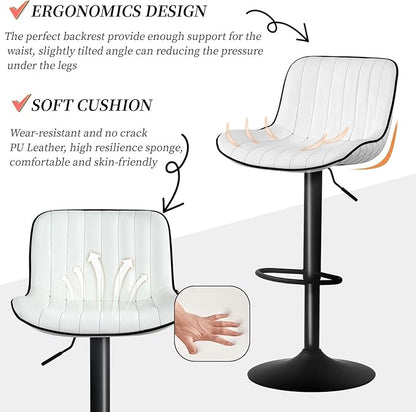 YOUNUOKE Bar Stools Set of 2, Adjustable Swivel Counter Height Chairs with Back, White PU Leather Upholstered Barstools for Kitchen Island Home Bar
