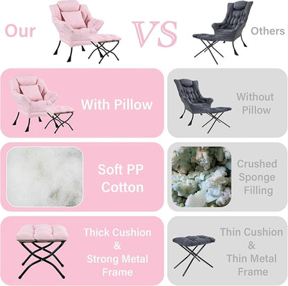 Lazy Chair with Ottoman, Comfy Reading Lounge Chair with Footstool & Throw Pillow Modern with Armrests & Side Pocket for Living Room, Bedroom, Dorm Room, Pink