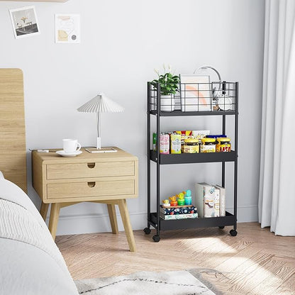 KINGRACK 3-Tier Metal Rolling Cart, Slim Storage Cart, Mobile Shelving Unit Trolley with Wheels, Bathroom Tier,Bathroom Organizer Utility for Laundry Room, Office, Narrow Place, Black