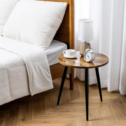 MyGift 20.5 Inch Mid Century Round End Table, Premium Acacia Solid Wood Accent Side Table with Black Metal Tapered Legs