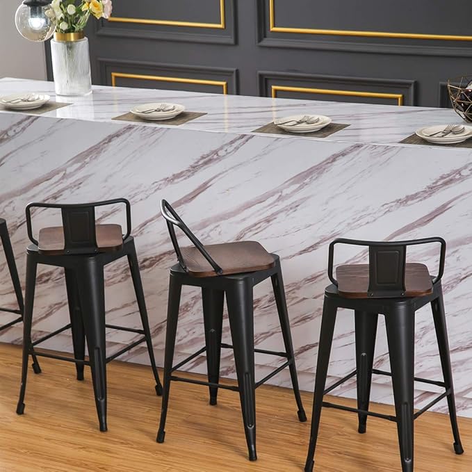 24 Inch Swivel Bar Stools Set of 4 with Backs Counter Height Industrial Metal Barstools Island Bar Chairs for Home Kitchen Dining Room (Swivel 24 inch,Matte Black Wooden)