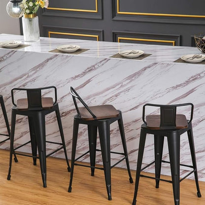 26 Inch Swivel Bar Stools Set of 4 with Backs Counter Height Industrial Metal Barstools Island Bar Chairs for Home Kitchen Dining Room (Swivel 26 inch,Matte Black Wooden)