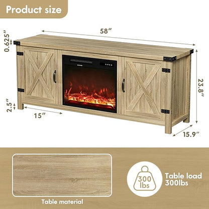 YESHOMY Fireplace TV Stand with Two Barn Doors and Storage Cabinets for Televisions up to 65+ Inch, Entertainment Center Console Table, Media Furniture for Living Room, 58 Inch, Natural Oak