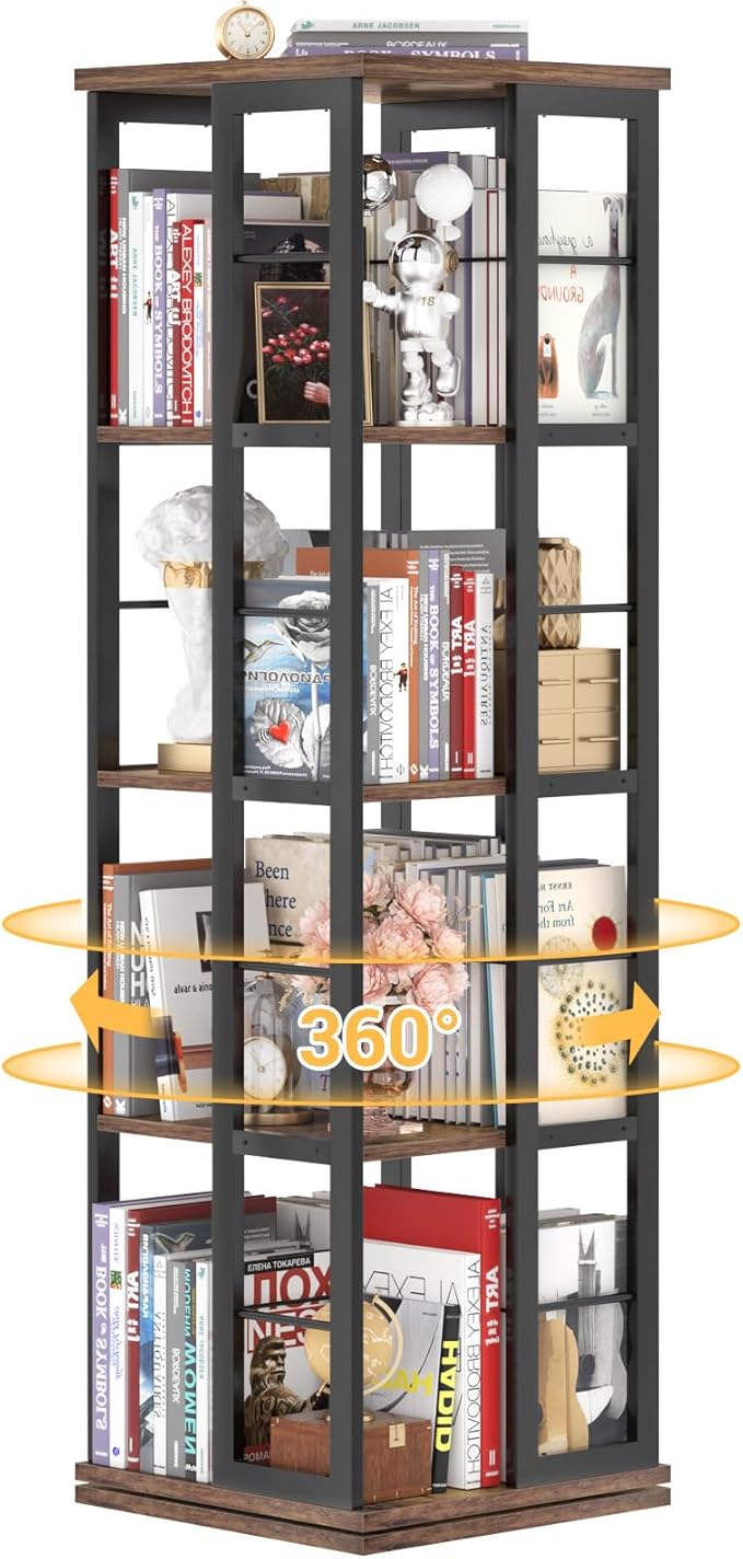 Aheaplus Rotating Bookshelf, Corner Bookcase, 360 Display Wood Spinning Bookshelves, Floor Standing Bookcases Narrow Shelf, 4 Tiers, Rustic Brown