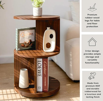 KAYMILY Living Room Side Table, Office Round Rotating End Table, Bedroom Mid Century Modern Nightstands, Contemporary Accent Tables - Easy Assembly - MDF Wood - Revolving - Walnut