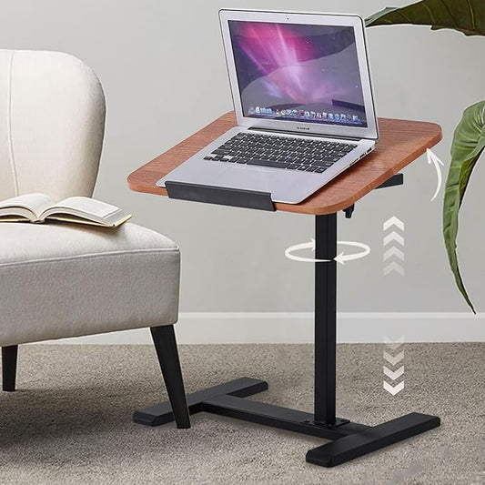 Solid Wood C-Shaped Side Table,360° Rotating TV Tray Table,Height-Adjustable,Sliding Sofa Table,Rolling Laptop Desk for Living Room and Bedroom Use with Sofa,Bed,Chair-Light Brown