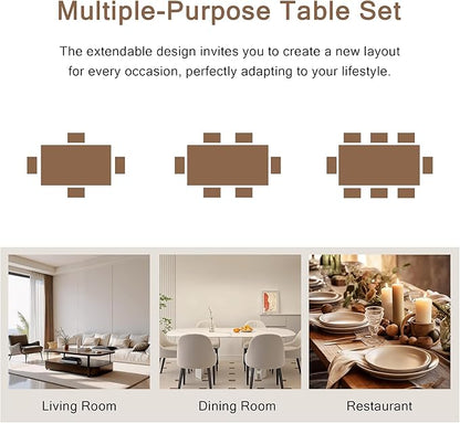 7-Piece Dining Table Set, 63" Extendable Kitchen Room Table with 6 Stools, Mid Century Modern Dinner Table with Metal Frame & MDF Board, Space-Saving, Easy Assembly, Espresso