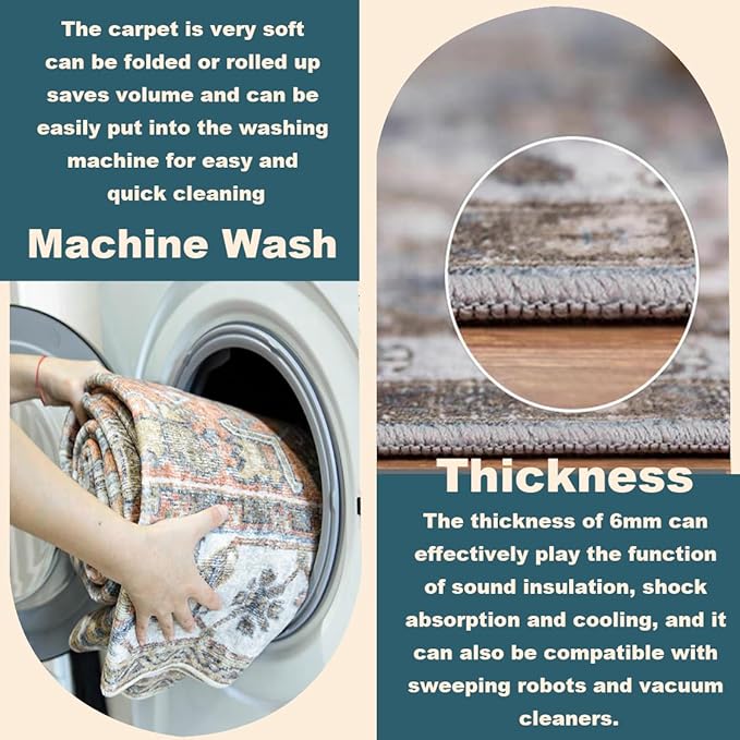 Washable Area Rug 9'x12' Red Blue Retro Flowers Boho Design Non-Shedding Easy Care Ideal for High Traffic Areas in Living Room Bedroom Office Coffee Table Kitchen Large Carpet