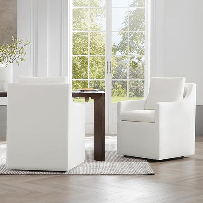 Upholstered Dining Chairs with Casters Washable Cover Side Deskchair with Rollers for Diningroom, Living Room, Cream, 4 Box