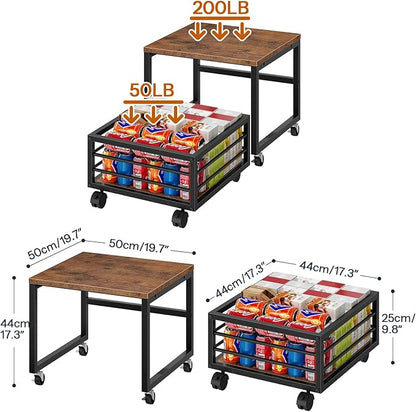HOOBRO Mini Fridge Stand with Movable Storage Basket, Mini Fridge Cabinet with Wheels and Adjustable Feet, Sturdy Metal Frame, for Home, Apartment,Office, Dorm, Rustic Brown and Black BF155TL01