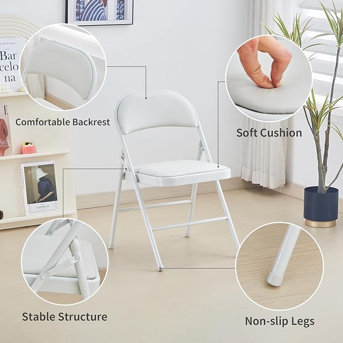KAIHAOWIN 2-Pack Folding Chair Vinyl Padded and Metal Frame Heavy Duty Foldable Chair with Backrest & Padded Seats for Meetings Office Wedding Events-White