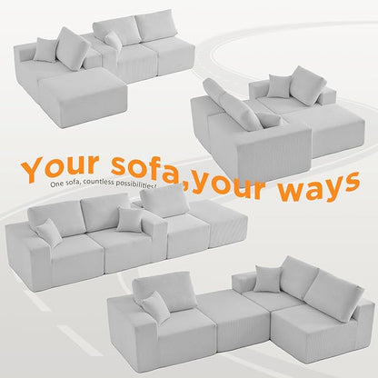 INGEROOM 108" Cloud Sectional Couch, Modular Sectional Sofa with L-Shaped Chaise, Modern Plush Corduroy Couch for Living Room Bedroom, No Assembly Required, Deep Seat（Gray）