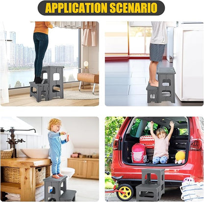 Folding 2-Step Stool for Adults Kids Non-Slip Collapsible Portable Step Stool for Kitchen Home Toilet Bedroom Office Bathroom Rv,Holds 300 Lbs(Grey)