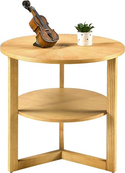 MODERION Large Round End Table, Rustic Beside Table with Umbrella Shaped Top, Traditional Circular Sofa Side Table with Shelf, 25.2”D Nightstand, Telephone Table for Living Room Natural CJZ3338OA