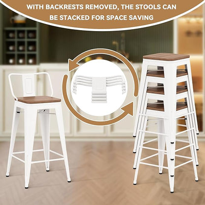 26 Inch Swivel Bar Stools Set of 4 with Backs Counter Height Industrial Metal Barstools Island Bar Chairs for Home Kitchen Dining Room (Swivel 26 inch, White Wooden)