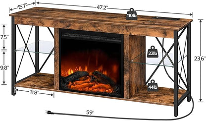 HOOBRO Fireplace TV Stand with Charging Station and LED Lights, TV Stand with Fireplace for TVs up to 55", Entertainment Center with Fireplace, Glass Shelves, Rustic Brown and Black BF120UDDS01