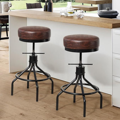 Industrial Barstools Set of 2 Adjustable Swivel Round Bar Stools Modern PU Leather 28inch Backless Counter Height Stool Metal Bar Chair for Kitchen Island (2, Walnut)