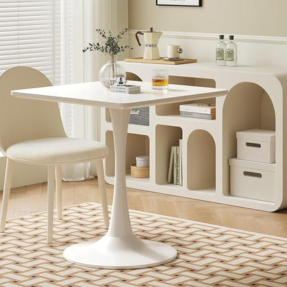 White Square Tulip Table for 2 Person, 24 Inch Small Dining Table with Metal Pedestal Base for Kitchen, Mid Century Modern Table with Round Corners for Living Room, Cafe, Office, Pub, Bar, Bistro
