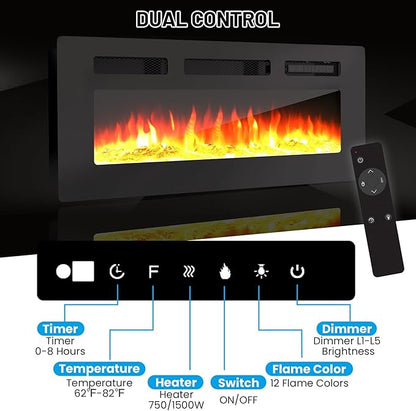GarveeHome 70 Inch Fireplace TV Stand with 36 Inch Electric Fireplace, 12 Colors LED Lights, 750W/1500W for Max 80 Inch TV, 2 Tier Storage 2 Door Cabinet
