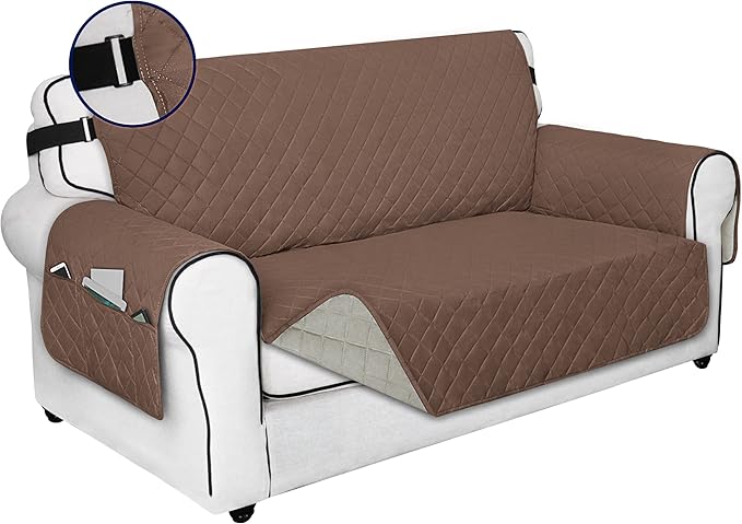 PureFit Reversible Sofa Cover Water Resistant Loveseat Couch Cover, Machine Washable Furniture Cover with Non-Slip Foam and Adjustable Strap for Dogs, Pets (Loveseat, Brown/Beige)